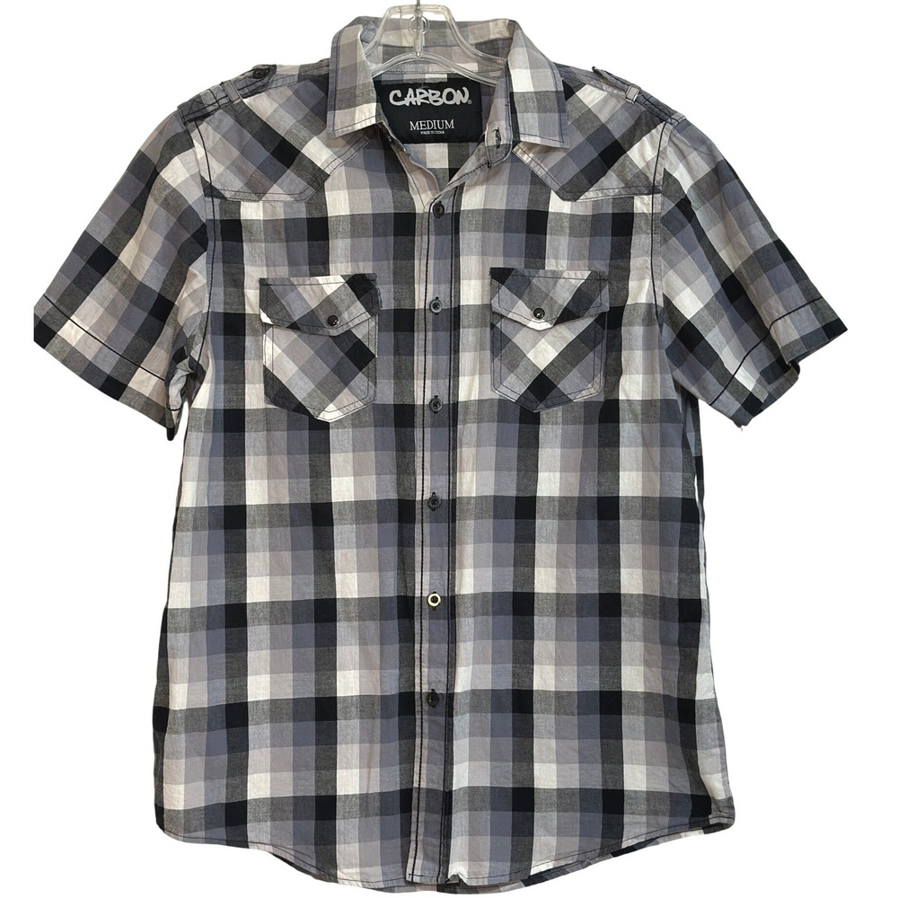 Carbon Shirt Mens M Plaid Short Sleeve Western Button Down‎ Black Grey Bikercore